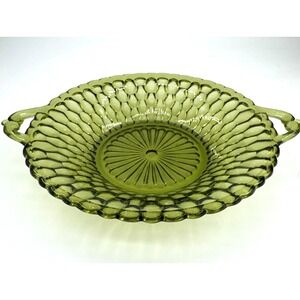 Relish Candy Mint Dish Indiana Green Glass Honeycomb Pattern 2 Handle Vintage